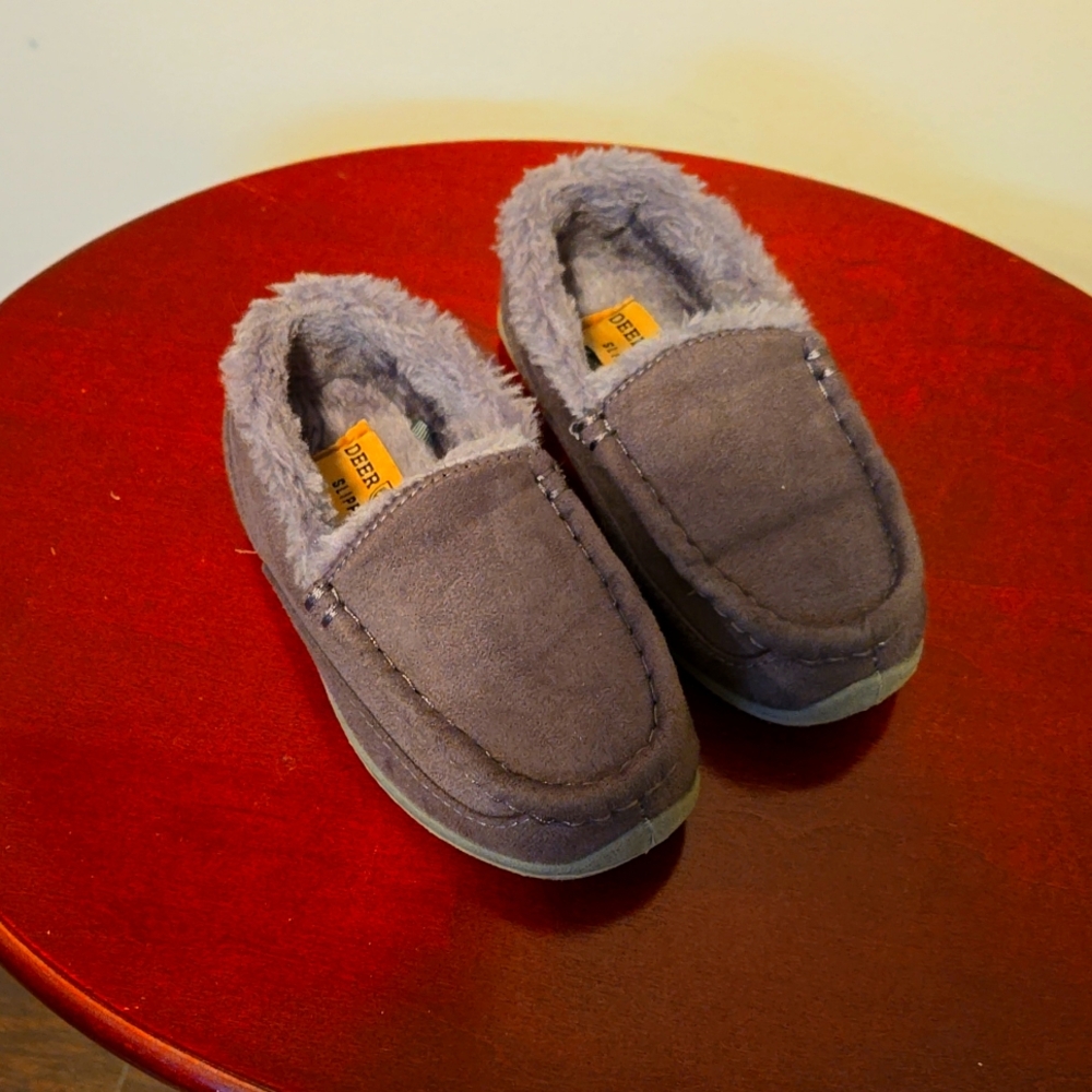 Boys Deer Stags Moccasin Slippers Gray Size 11 Rubber Sole Fur lined
